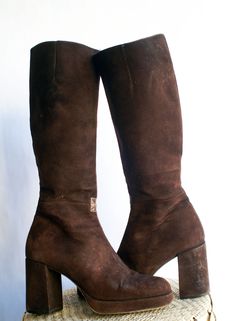 Vintage 80s Charles David Brown Suede Knee Hi Leather Boots in great vintage condition. May show some minor signs of normal wear.  *Brand: Charles David *Color: Brown *Size: 7.5 *Style: Platform knee High Boots *Heel: 3.15 wrap heel *Shaft Height : 15.55" *Cirxumference: 14.5  *Material: Suede upper, leather lining, leather soles *Condition: Vintage Good Suede Platform Boots, Hi Boots, Platform Knee High Boots, Boots Heel, High Heel Boots Knee, Wrap Heels, Charles David, Platform Boots, Brown Suede