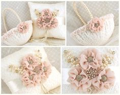 four different pictures of pink flowers and pearls