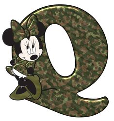 the letter q is made up of camo with mickey mouse on it's face