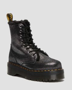 Shop Jadon Faux Fur-Lined Metallic Leather Platform Boots at Dr. Martens. Free delivery on orders over £50 Dr Martens Jadon, Metallic Boots, Fur Lined Boots, Goodyear Welt, Leather Pulls, Doc Martens, Moto Boots