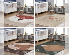 four different pictures of a baby's room with animals on the rugs and in the crib