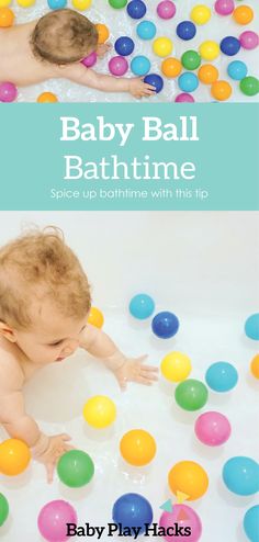 baby bath time with colorful balls in the water and on the floor, there is an image