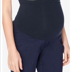 New With Tags Navy Crop Pants Full Belly Coverage Casual Cotton Bump Friendly Bottoms, Casual Maternity Pants With Elastic Waistband, Casual Maternity Bottoms For Spring, Spring Casual Maternity Bottoms, Casual Spring Maternity Bottoms, Casual Maternity Long Pants, Casual Cotton Maternity Bottoms, Casual Maternity Bottoms With Pockets, Blue Maternity Bottoms