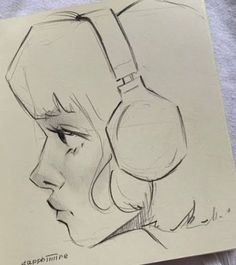 a drawing of a woman with headphones on