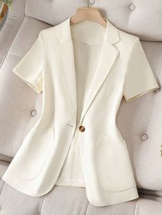 Asymmetrical Pocket Single-Breasted Lapel Short Sleeve Blazer Jacket, Summer Beige   Short Sleeve Woven Fabric Plain Regular Slight Stretch  Women Clothing, size features are:Bust: ,Length: ,Sleeve Length: Lightweight Blazer, Slim Fit Top, Elegant Dresses Long, Collar Designs, White Blazer, Knit Tees, Kids Beachwear, Pajamas Women, Denim Women