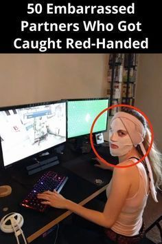 a woman sitting in front of a computer with headphones on and the caption reads 50 embarrasseded partners who got caught red - handed