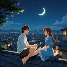 two people sitting on top of a roof at night with the moon in the sky