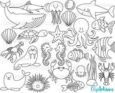 an ocean scene with sea animals and fish in black and white, on a white background