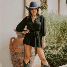 The Perfect Lbr (Little Black Romper) With A Touch Of Shimmer! This Sweet Thing Is Fully Lined & Features An Elastic Waist With An Adjustable Tie Belt, V-Neckline With A Collar, & Bell Sleeves For Extra Sass! We Love How Shelby Went Western Style With A Hat, Boots, & Some Turquoise. Can Also Be Paired With Some Heels For Date Night Or A Gno! So Versatile! *Tts, Shelby Is Wearing A Medium For Length *S(0-4) M(4-6) L(6-8) Romper With Boots, Teal Jumpsuit, Jumpsuit Coverup, Womens Summer Jumpsuits, Terry Cloth Romper, Satin Romper, Velvet Romper, Navy Blue Print, Country Dresses