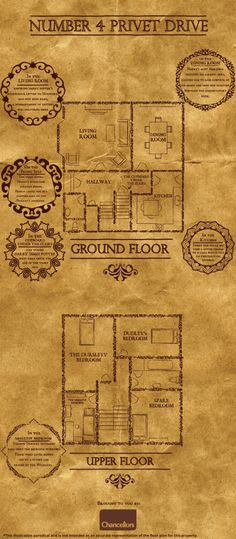 the floor plan for a house with three floors and two levels, in brown paper