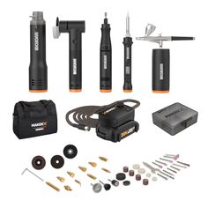 an assortment of tools including drill, screwdriver and other items are shown in this image