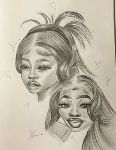 pencil drawing of two women with long hair and big eyes, one has her head tilted to the side