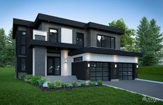 this is an artist's rendering of a two story house with black and white accents