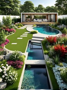 this is an artist's rendering of a garden with a swimming pool and landscaping