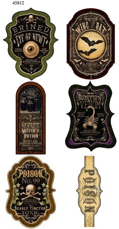 six different labels for various types of halloween items on white background, each with an image of a bat and pumpkin