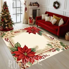 a living room with christmas decorations on the rug