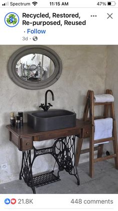 an old fashioned sewing table with a sink and mirror above it is featured on instagram