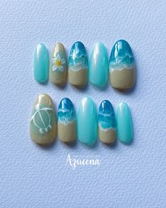 "These cute press on nails, Ready to wear.  This is for a QUICK and EASY manicure, hand painted and durable.  Nail shape in photo : round short Each order contains :  * 10 x press on nails of your size * 1 x nail file * 1 x adhesive tab sheet (24 tabs)  * 2 x alcohol wipe  * 1 x wood stick All of my works are hand painted and I do not use any stamps, stickers, rhinestones or other parts. Therefore, please understand that there may be slight differences in color and shape, and that it takes time Acrylic Nails Beach Theme, Aquatic Nail Designs, Beach Nails Seashell, Boat Nail Art, Cute Nails Press On, Ocean Vibe Nails, Hawaiian Pedicure, Cute Hawaiian Nails, Hawaii Theme Nails