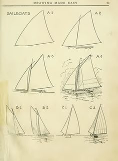 an old book with drawings of sailboats