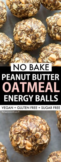 no bake peanut butter oatmeal energy balls on a baking sheet with text overlay