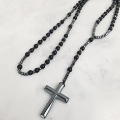 Mens Rosary Style Necklace Men Cross Necklace Black Onyx Men | Etsy Adjustable Black Crucifix Necklace, Black Adjustable Crucifix Necklace, Spiritual Black Cross Beaded Necklace, Men Cross Necklace, Cross Necklace Black, Mens Rosary, Rosary Style Necklace, Mens Cross Necklace, Black Choker Necklace