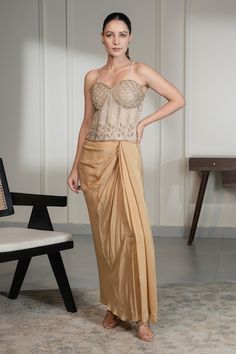 Buy Green Jacket Zari Brocade Embellished Foil Aryana Bead Set With Draped Skirt For Women by Moledro Online at Aza Fashions. Organza Corset, Crystal Corset, Embellished Corset, Gold Corset, Function Dresses, Indian Wedding Outfit, Organza Skirt