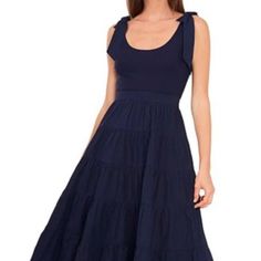 Stripped Navy Blue Chelsea And Violet Mid Dress With Ribbons On Shoulder Nwot S Navy Cotton Midi Dress For Spring, Navy Midi Dress For Summer Brunch, Navy Midi Dress For Summer Day Out, Mid Dress, Violet Dresses, Mid Dresses, Chelsea, Colorful Dresses, Violet