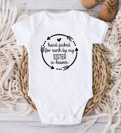 ** Quick Sizing Tip ** Onesies are printed on Gerber organic. These tend to run small so we recommend sizing up if you are on the fence. Toddler shirts are true to size. 📋 HOW TO ORDER: ✧ Choose onesie® or shirt size (sizing chart below) and sleeve length ✧ Select design color if applicable ✧ For personalized designs - enter customization in "Add your personalization" field ✧ ADD TO CART ✧ Select from our shipping class options (all items shipped next day!) * * * * * * * * * * * * * * * * * * * Sister In Heaven, Baby Time, Consumer Products, Diy Shirt, Kids Safe, Gender Neutral Baby, Baby Bodysuit, Onesies, Baby Onesies