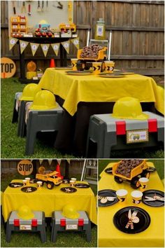 the table is set up with yellow and black plates, cups, and napkins