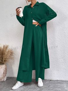 SHEIN Frenchy Solid Color Long Sleeves Front Button Shirt And Pants Casual 2-Piece Set | SHEIN USA Pants Casual, Shirt And Pants, Button Shirt, Wedding Inspo, 2 Piece, Casual Pants, Two Piece, Long Sleeves