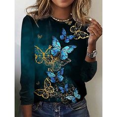 Category:Long Sleeve T-shirt; Season:Fall  Winter; Fabric:Polyester; Sleeve Length:Long Sleeve; Look After Me:Machine wash,Washable,Wet and Dry Cleaning; Gender:Women's; Theme:Butterfly,Painting; Style:Basic,Vintage; Elasticity:Micro-elastic; Tops Type:T shirt; Occasion:Weekend,Daily; Details:Without Lining; Top Length:Regular; Fit Type:Regular Fit; Pattern:Butterfly; Design:Print; Neckline:Round Neck; Brand:Shall We; Bust:; Length:null; Sleeve:; Fit US Size:null; Fit UK Size:null; Fit EU Size:n Estilo Harajuku, Summer Prints Fashion, Oversized Clothes, Plus Size Tees, Oversized Blouse, Round Neck Tops, Floral Print Shorts, Harajuku Fashion, Denim Overalls