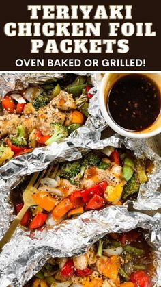 chicken and veggie foil packets with sauce on the side