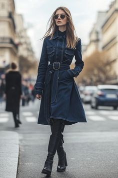 Make a statement in this stylish denim coat! ✨ The belt adds a flattering touch. See more outerwear inspiration on our website. Click to explore!  denim dress outfit fall, chic denim outfits, looks total jeans, denim dress outfit, long denim dress Denim Dress Boots Outfit, Denim Dress Outfit Winter, Denim Dress Outfit Fall, Denim Dress Outfit Ideas, Chic Denim Outfits, Looks Total Jeans, Long Denim Dress, Denim Dress Outfit, Dress Outfit Fall