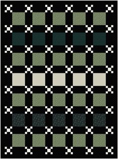 a black and white checkered quilt with green squares on the bottom, in two rows