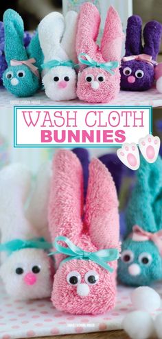 several stuffed bunnies are sitting on a shelf with the words wash cloth bunnies