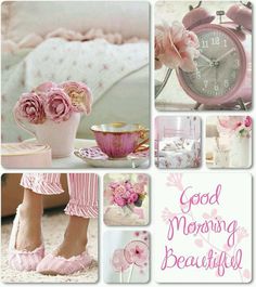 a collage of pink and white pictures with flowers in vases, coffee cup, alarm clock