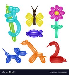 an assortment of balloons in the shape of animals and flowers on a white background with space for text