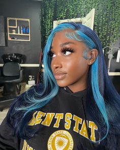 Black Wig With Blue Skunk Stripe, Blue Wig Install Black Women, Blue And Black Frontal Wig, Blue Highlight Lace Front Wig, Dark Blue Wig Install, Natural Braided Hairstyles, Hair Therapy, Birthday Hairstyles, Colored Wigs