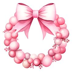 a pink wreath with balloons in the shape of a bow