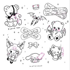 an ink drawing of some cute animals and other things in the sky with stars on them