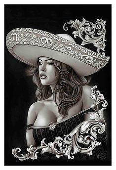 a drawing of a woman wearing a sombrero and holding a guitar in her hand