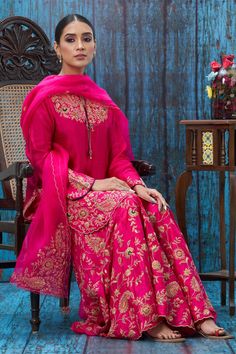 Buy Niti Bothra Pink Silk Embroidered Kurta Sharara Set Online | Aza Fashions Niti Bothra, Deepika Padukone Dresses, Jaal Embroidery, Embroidered Sharara, Kurta Sharara Set, Pink Kurta, Kurta Sharara, Hand Embroidery Dress, Designer Saree Blouse Patterns