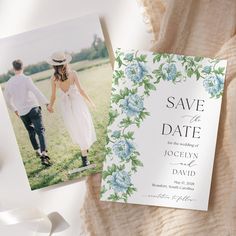 an image of a wedding save the date card with flowers on it and a photo of a couple holding hands