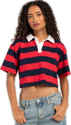 Trendy Red Collared Top, Trendy Striped Collared Top, Red Polo Shirt With Striped Collar, Red Polo Top With Striped Collar, Sporty Striped Collared Tops, Red Casual Top With Collared Neckline, Casual Red Top With Collared Neckline, Red Summer Top With Striped Collar, Crop Polo Shirt