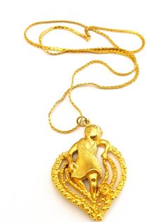 Signed Daco large gold tone lady goddess pendant necklace. Mid Century costume jewelry. Ships USA, fast free shipping. Gift wrapping is available Signed DACO with copyright No loss of gold tone Pendant measures 3" inches tall Necklace measures 30" inches in length  Please see additional pics for more details and measurements Shipping includes tracking and insurance https://thejewelrycabinet.etsy.com www.instagram.com/thejewelrycabinet www.fb.com/thejewelrycabinet Goddess Style Gold Pendant Necklace, Gold Goddess Pendant Necklace, Gold Pendant Necklace In Goddess Style, Goddess Style Gold Necklace With Coin Pendant, Goddess Gold Necklace With Coin Pendant, Gold Amulet Style Medallion Necklace, Goddess Pendant, Silver Springs, Vintage Pendant