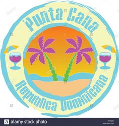 a logo with palm trees on the beach