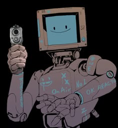 a drawing of a robot holding a cell phone in one hand and pointing at the camera