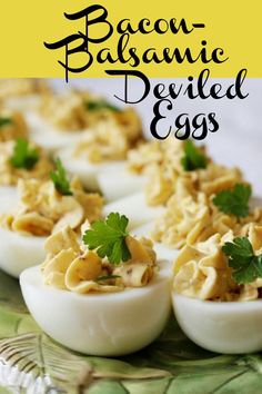 deviled eggs garnished with parsley Vinegar Deviled Eggs, Deviled Eggs With Bacon, Eggs With Bacon, Recipe Girl, Eggs Recipe, Party Appetizer, Easter Party