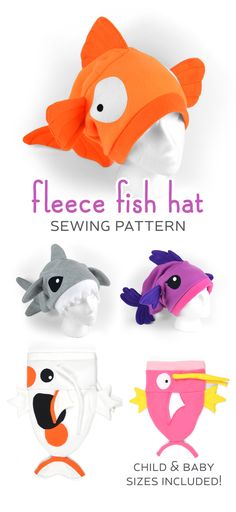 several different types of hats on display with the words fleece fish hat sewing pattern