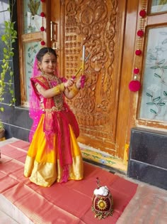 Kids Radha Look, Gopikamma Getup For Baby Girl, Radha Kids Costume, Radha Outfit For Kids, Radhe Costume For Kids, Radha Dressing For Girl, Radha Krishna Kids Photoshoot, Radha Photoshoot Ideas For Kids, Gopika Getup For Baby Girl